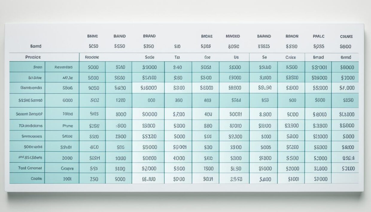 handset price comparison table with smartphone models and brand pricing